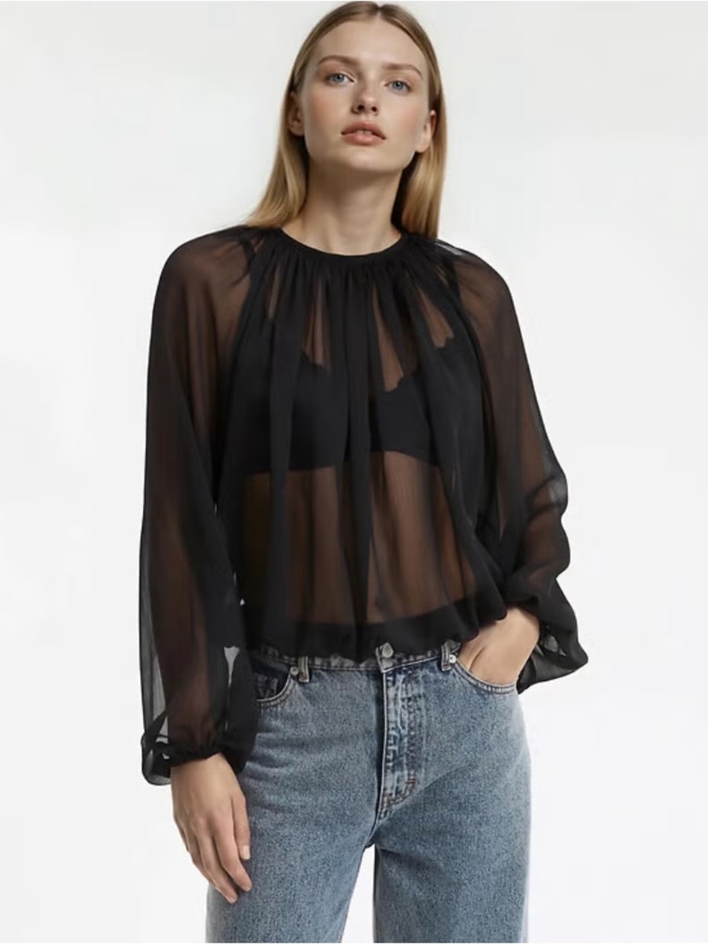 PrettyLittleThing Black Sheer Long Sleeve High Neck Blouse